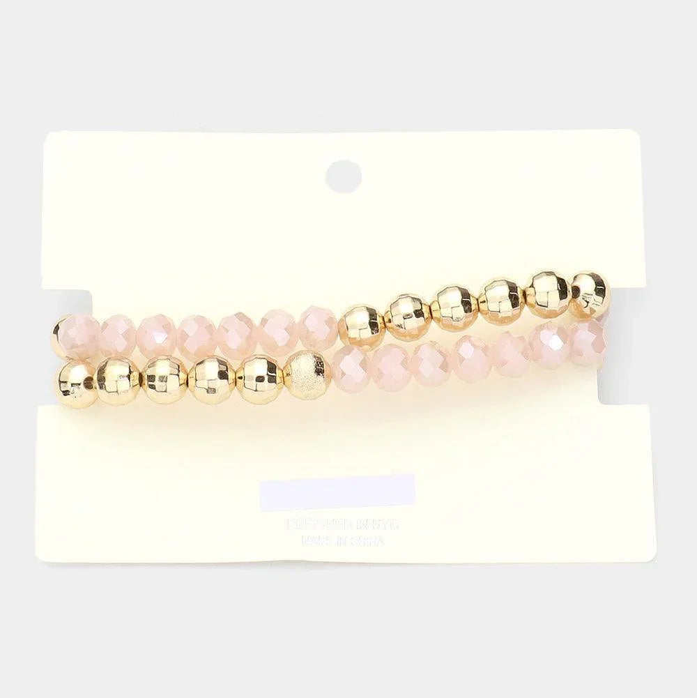 Pink Stone Centered Metal Disc Charm Faceted Beaded Stretch Bracelet - Jewelry Store by Erik Rayo