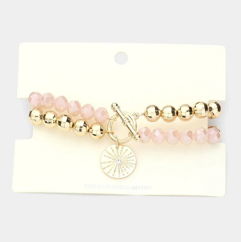 Pink Stone Centered Metal Disc Charm Faceted Beaded Stretch Bracelet - Jewelry Store by Erik Rayo