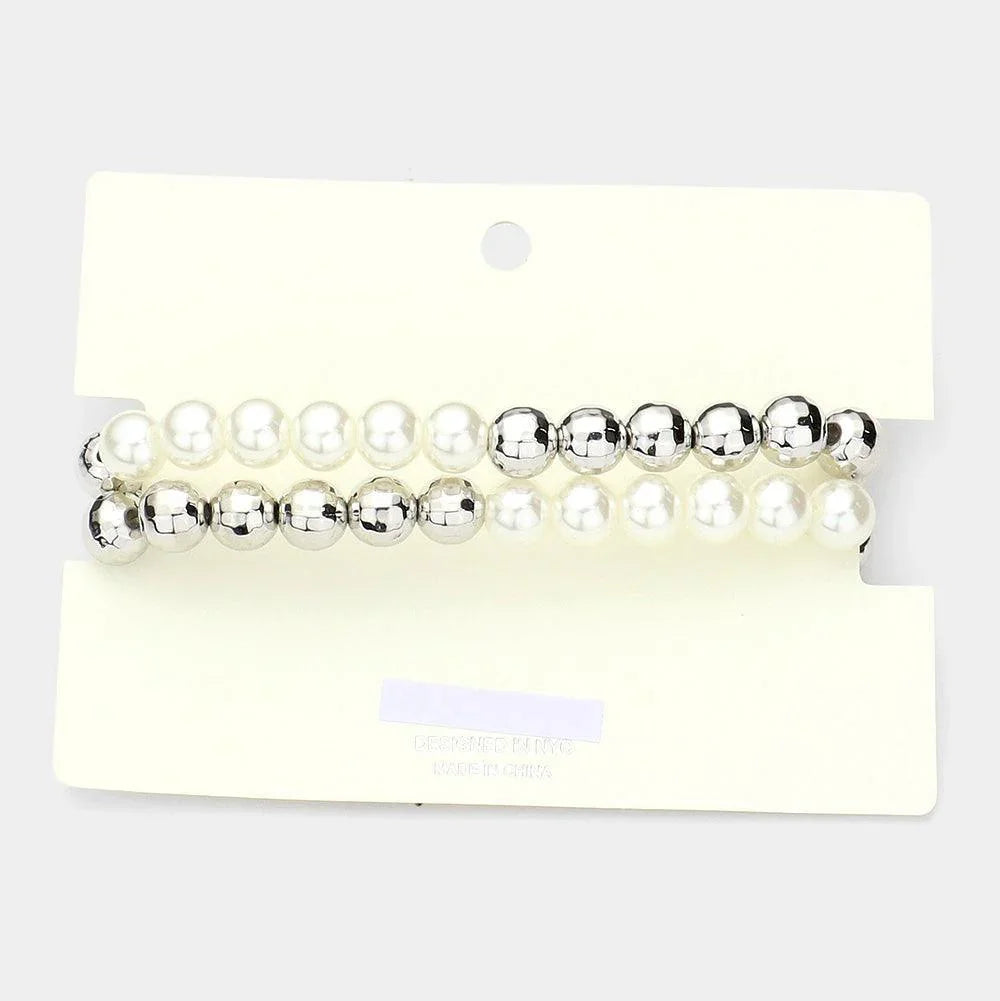 Cream Stone Centered Metal Disc Charm Pearl Stretch Bracelet - Jewelry Store by Erik Rayo
