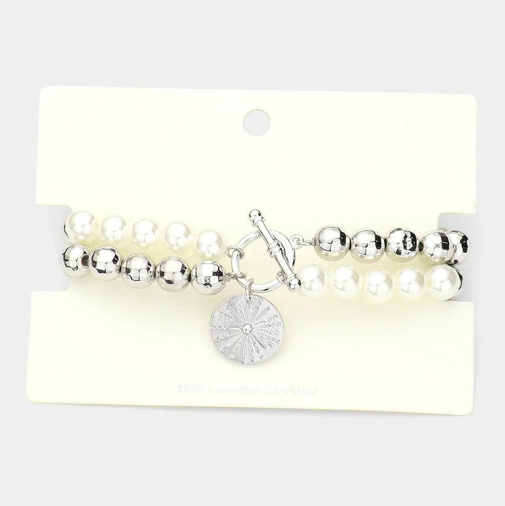 Cream Stone Centered Metal Disc Charm Pearl Stretch Bracelet - Jewelry Store by Erik Rayo