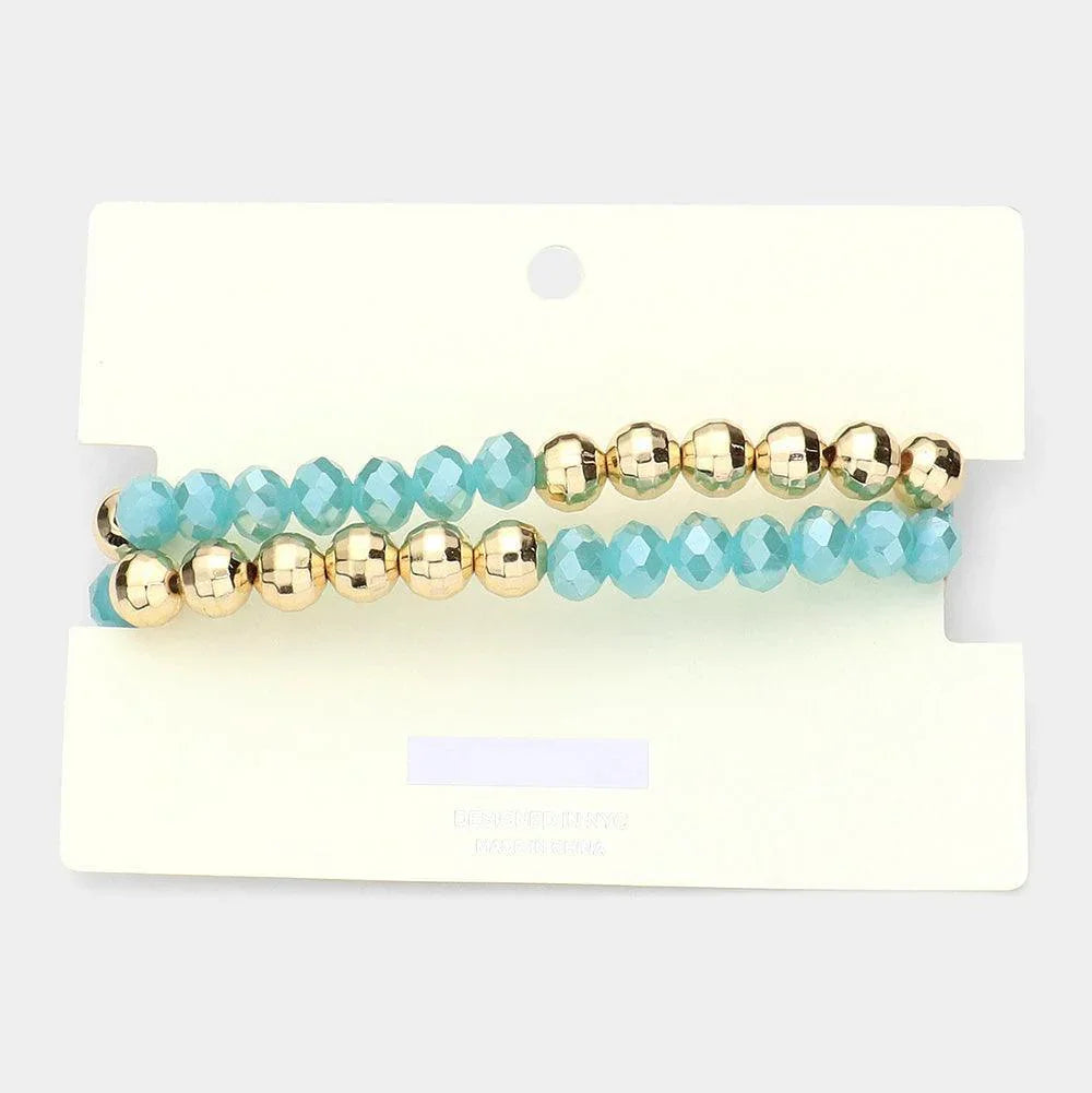 Turquoise Stone Centered Metal Disc Charm Faceted Beaded Stretch Bracelet - Jewelry Store by Erik Rayo