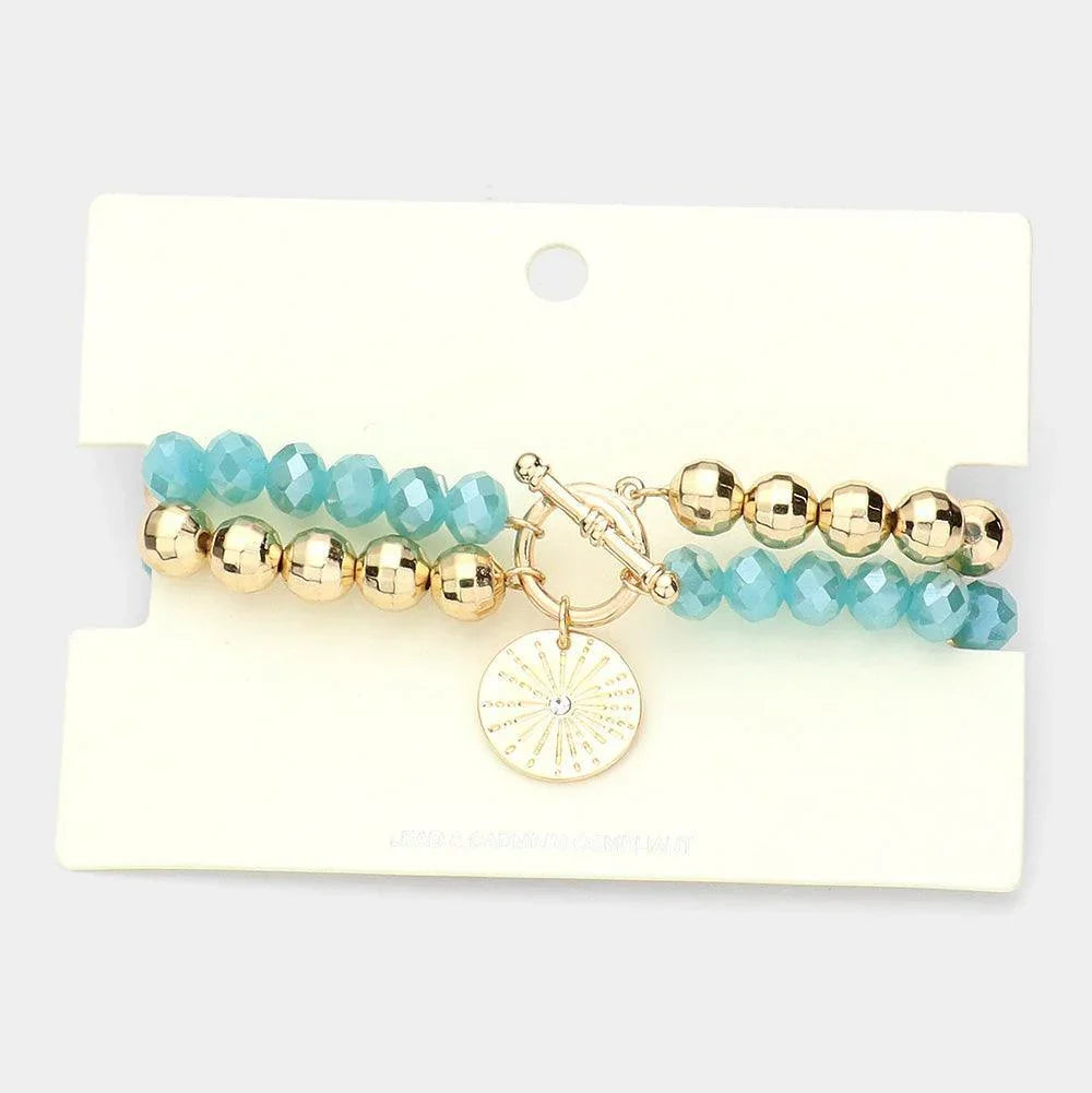 Turquoise Stone Centered Metal Disc Charm Faceted Beaded Stretch Bracelet - Jewelry Store by Erik Rayo