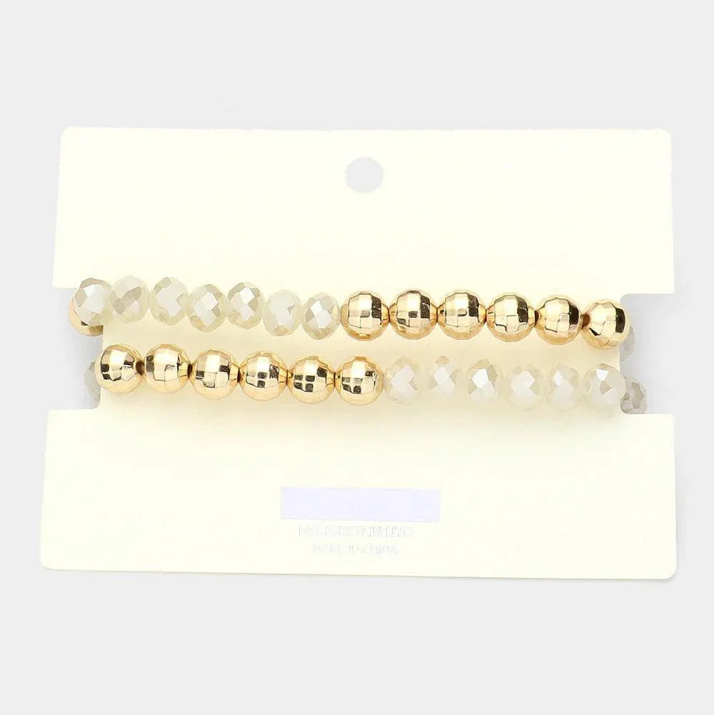 White Stone Centered Metal Disc Charm Faceted Beaded Stretch Bracelet - Jewelry Store by Erik Rayo