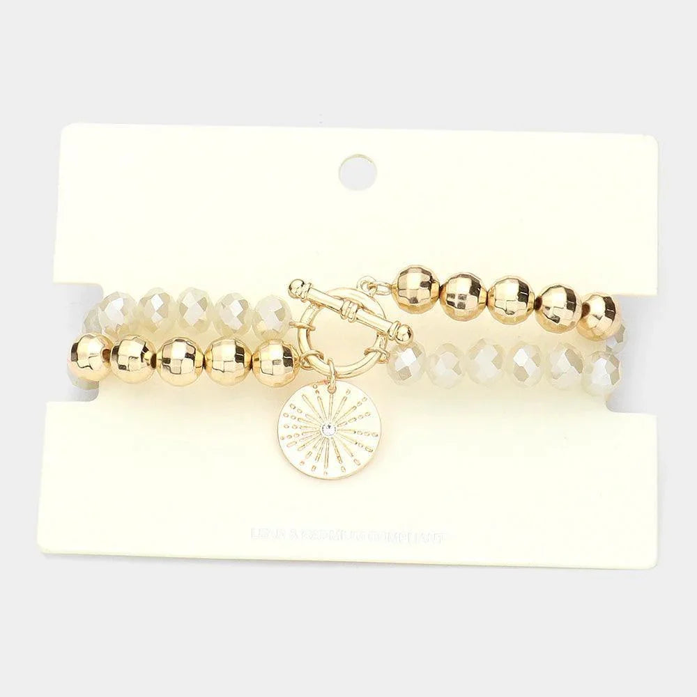 White Stone Centered Metal Disc Charm Faceted Beaded Stretch Bracelet - Jewelry Store by Erik Rayo