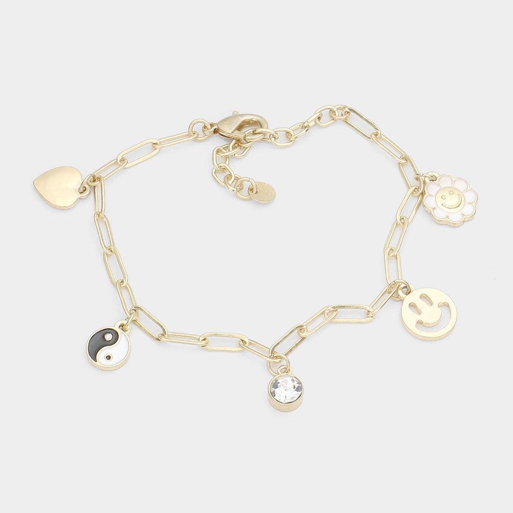 Gold Metal Heart Enamel Yin Yang Smile Flower Charm Station Bracelet - Jewelry Store by Erik Rayo