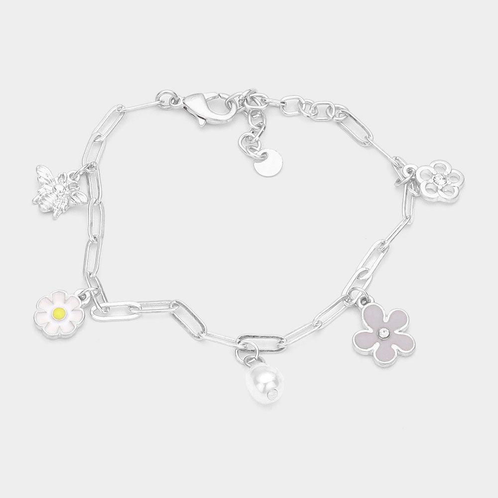 Silver Pearl Enamel Flower Metal Honey Bee Charm Station Bracelet