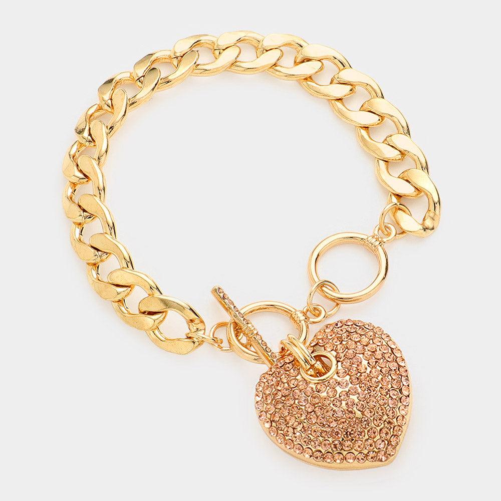 Peach Rhinestone Embellished Heart Charm Toggle Bracelet