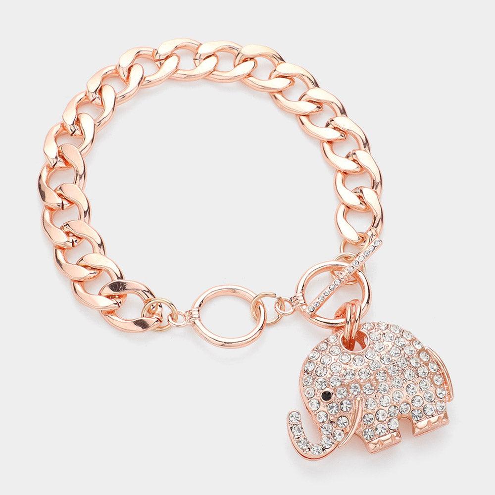 Gold Rhinestone Crystal Elephant Toggle Bracelet