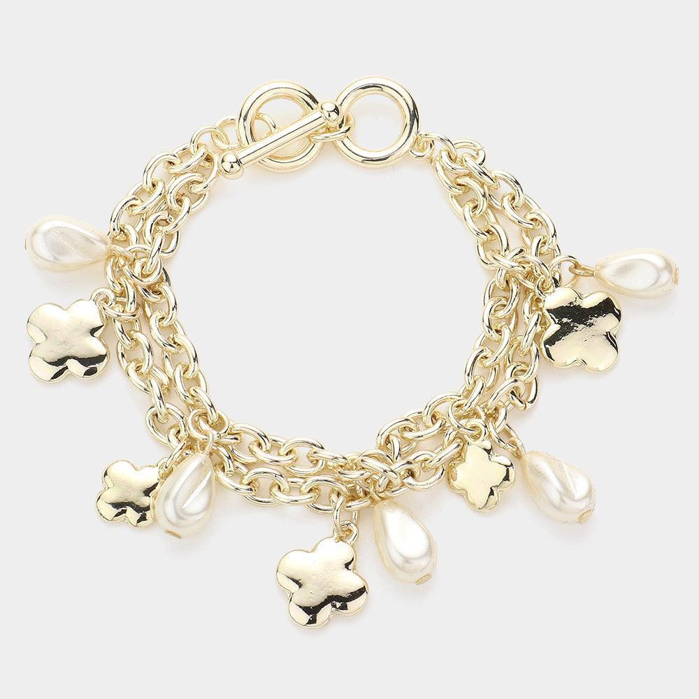Cream Peal Metal Quatrefoil Charm Layered Toggle Bracelet - Jewelry Store by Erik Rayo