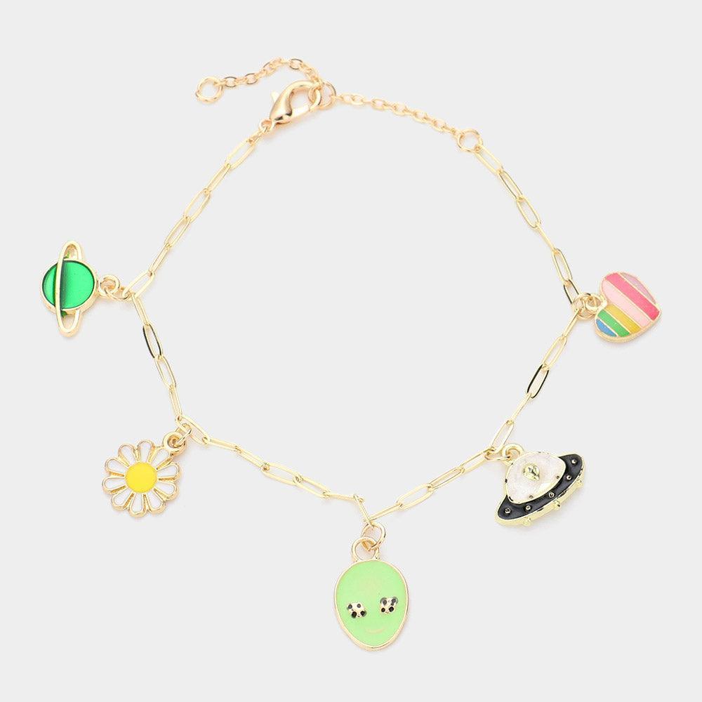 Enamel Planet Flower Alien Spacecraft Heart Charm Station Bracelet - Jewelry Store by Erik Rayo