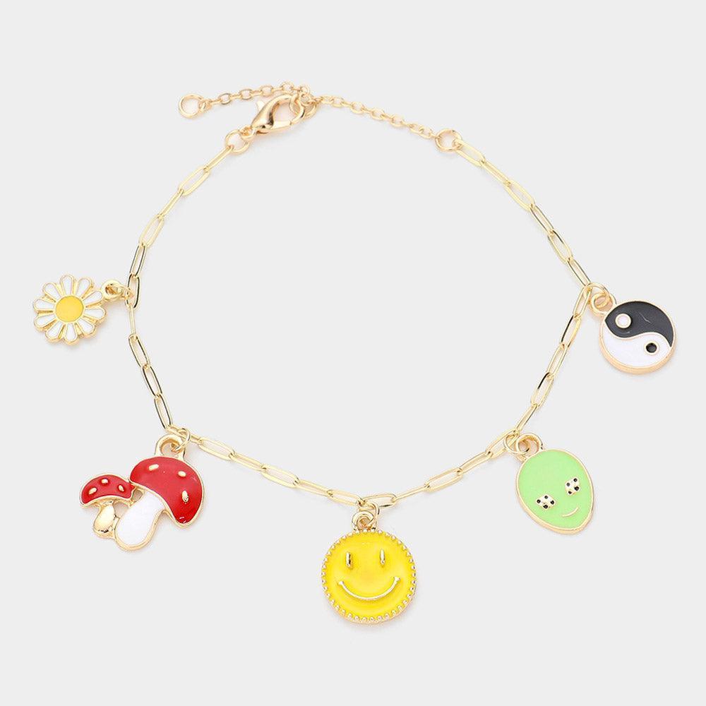 Enamel Flower Mushroom Smile Alien Yin Yang Charm Station Bracelet - Jewelry Store by Erik Rayo