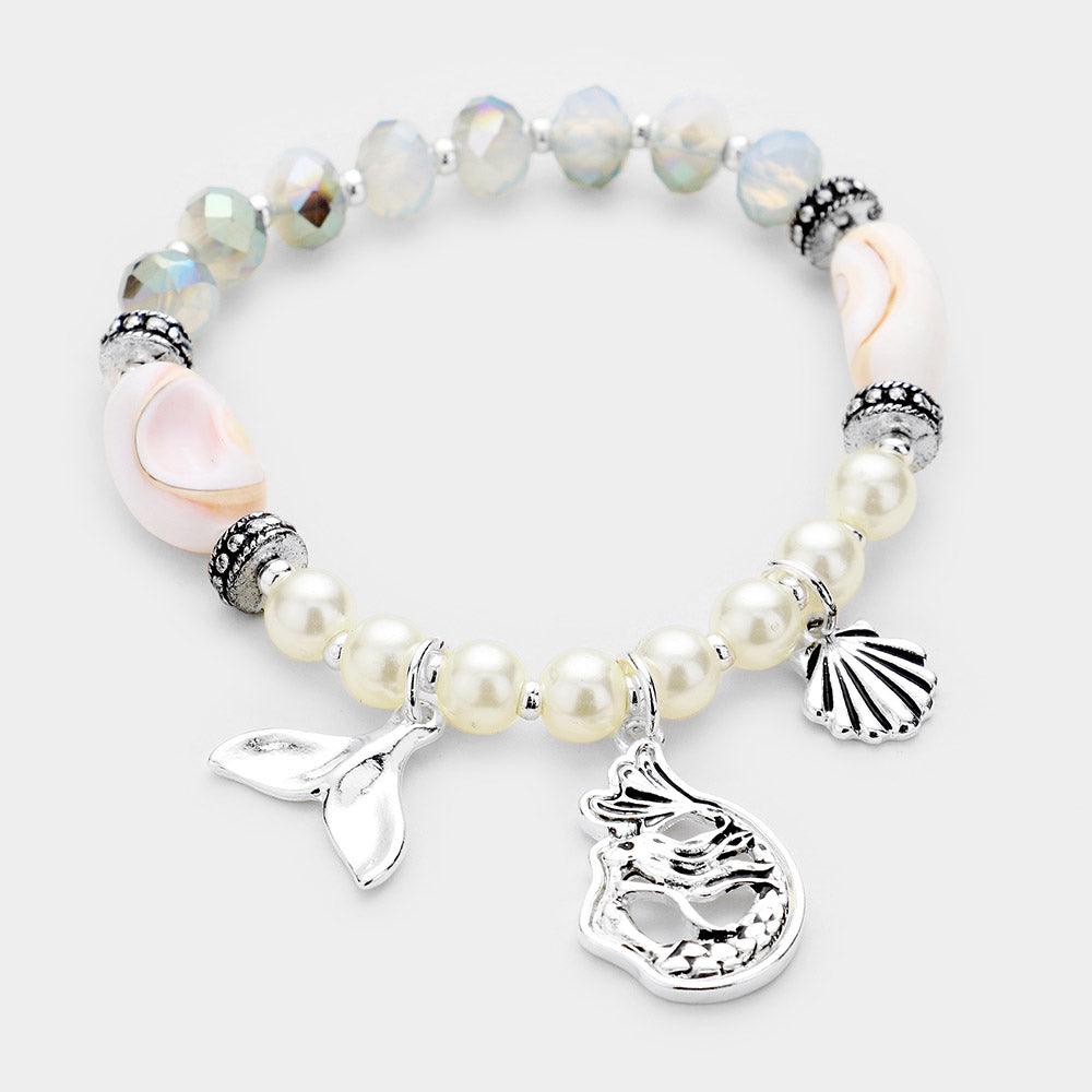 Silver Mermaid and Shell Charm Pearl Bead Stretch Bracelet