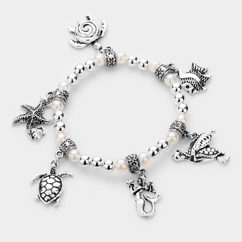 Silver Sea Life Charm Pearl Stretch Bracelet - Jewelry Store by Erik Rayo