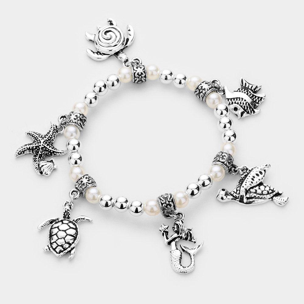 Silver Sea Life Charm Pearl Stretch Bracelet