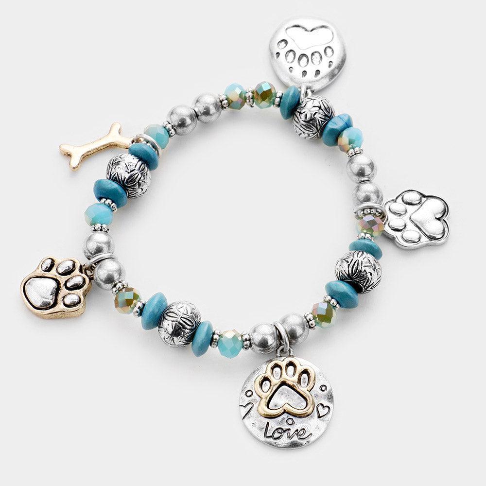 Turquoise Paw Charm Multi Bead Stretch Bracelet - Jewelry Store by Erik Rayo