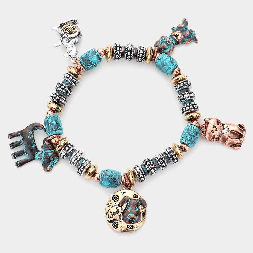 Metal Cat Dog Charm Station Stretch Bracelet - Jewelry Store by Erik Rayo