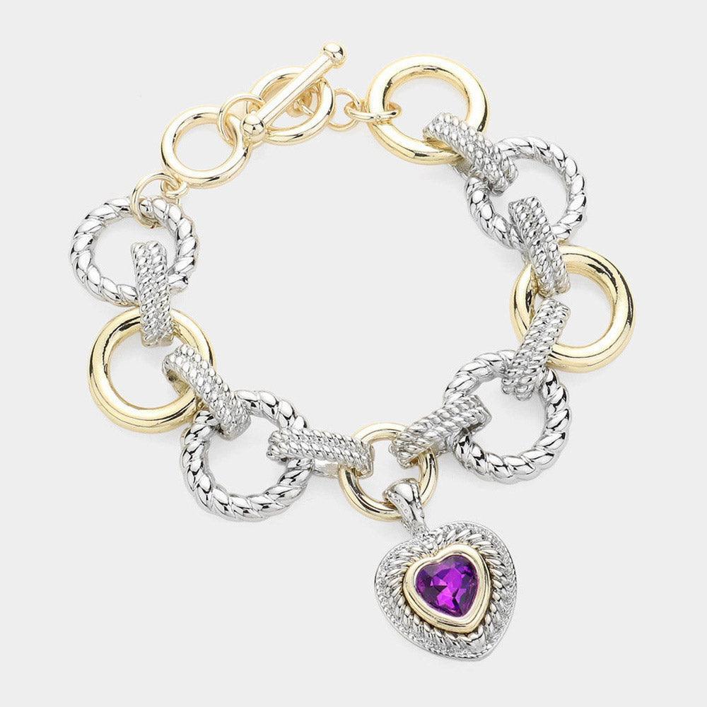 Amethyst Heart Stone Pointed Charm Two Tone Textured Metal Link Toggle Bracelet - Jewelry Store by Erik Rayo