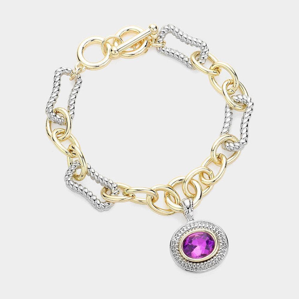 Amethyst Oval Stone Pointed Charm Two Tone Textured Metal Link Toggle Bracelet - Jewelry Store by Erik Rayo