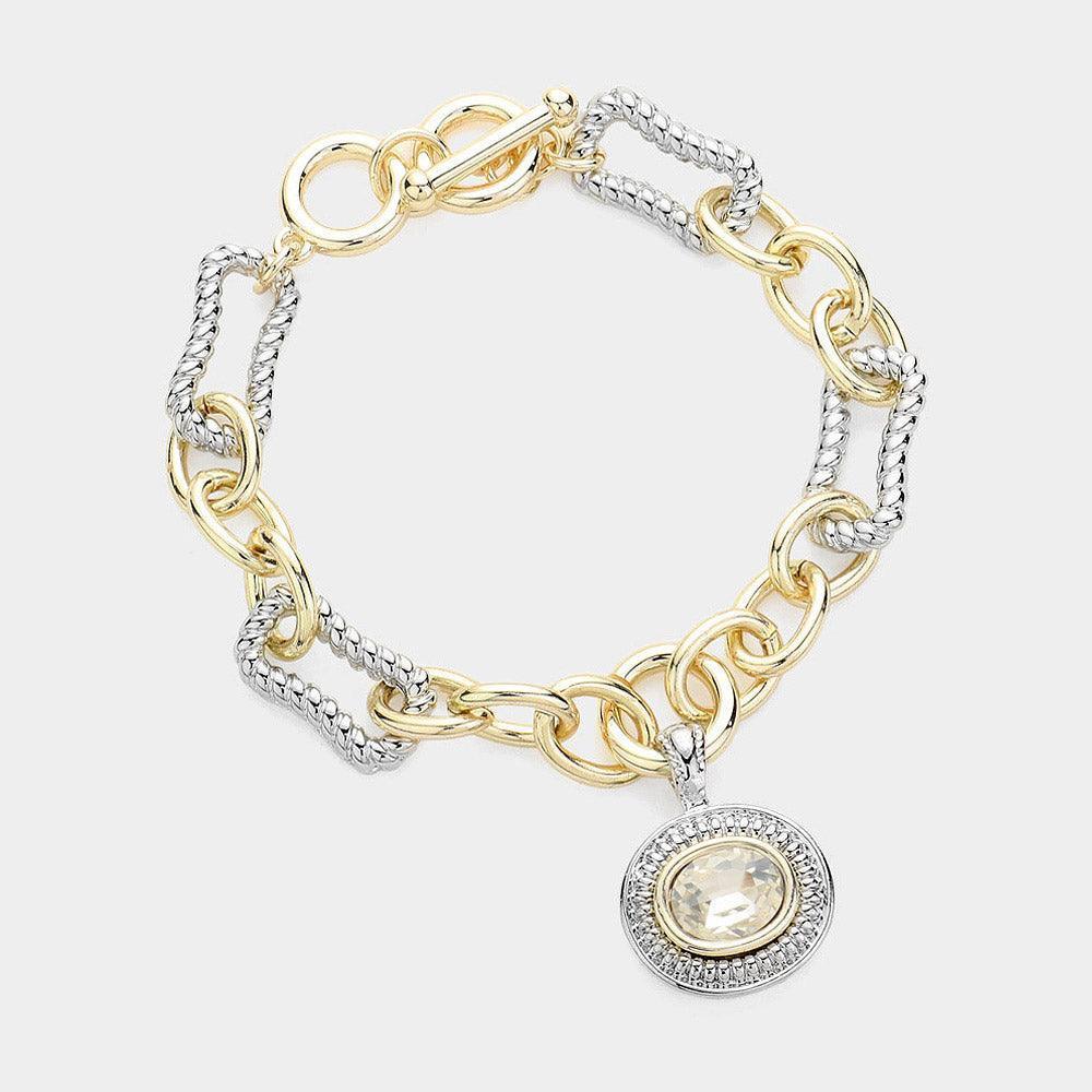 Clear Oval Stone Pointed Charm Two Tone Textured Metal Link Toggle Bracelet - Jewelry Store by Erik Rayo