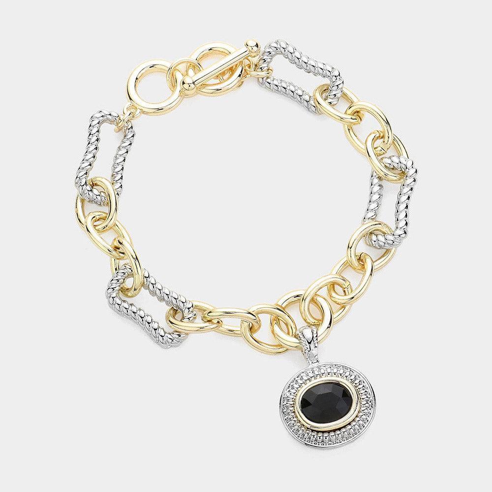 Black Oval Stone Pointed Charm Two Tone Textured Metal Link Toggle Bracelet - Jewelry Store by Erik Rayo