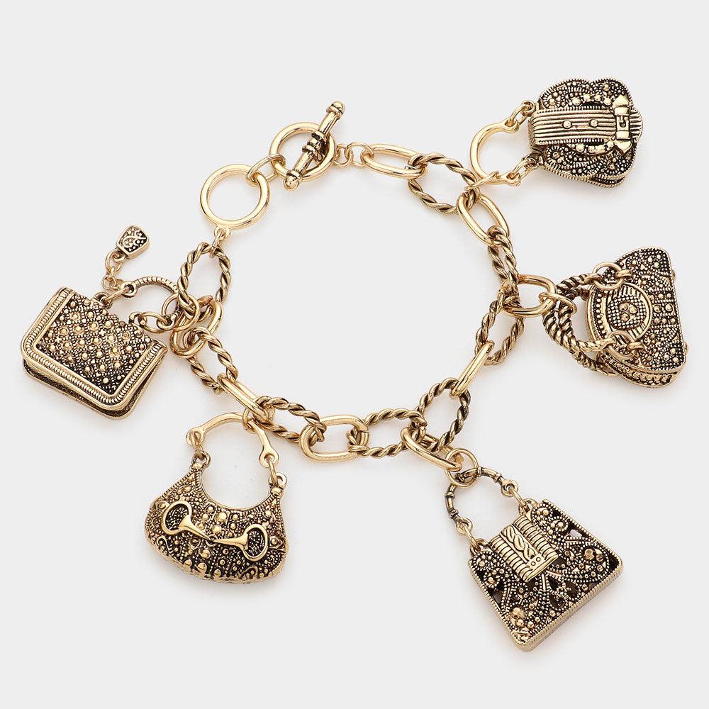 Gold Antique Multi Tote Bag Charm Station Bracelet