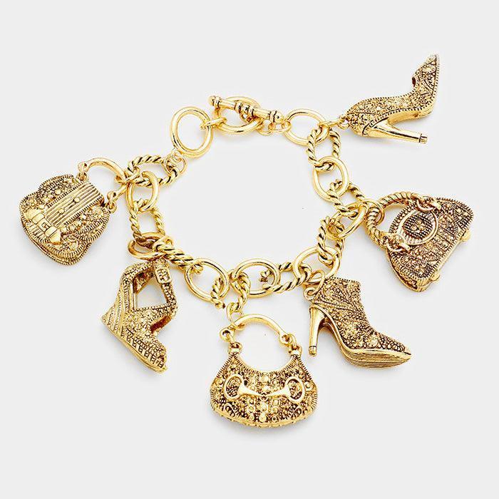 Gold Antique Multi Tote Bag Heel Charm Station Bracelet - Jewelry Store by Erik Rayo