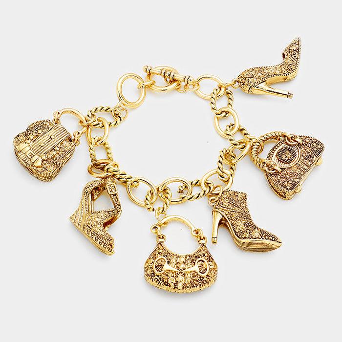 Gold Antique Multi Tote Bag Heel Charm Station Bracelet