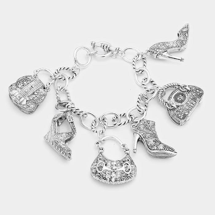Silver Antique Multi Tote Bag Heel Charm Station Bracelet