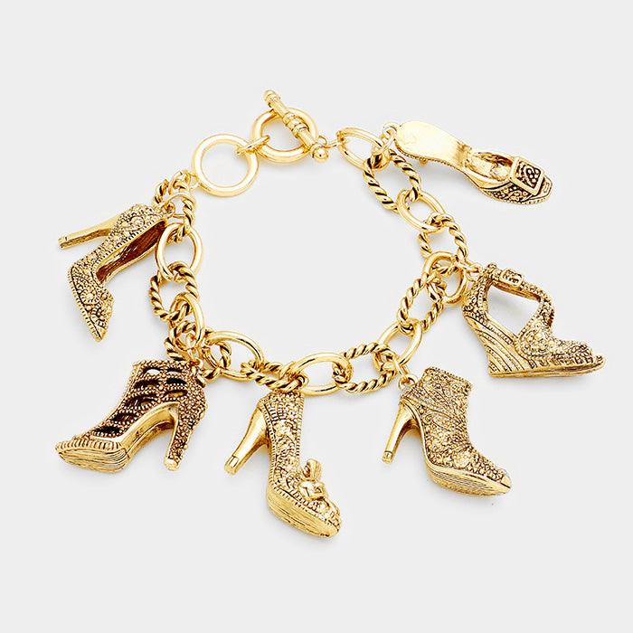 Gold Antique Multi Heel Charm Station Bracelet