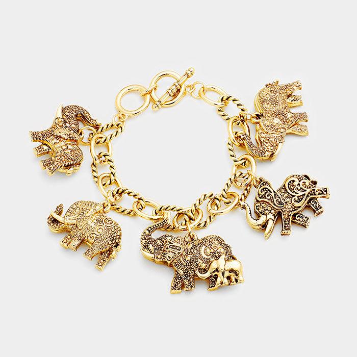 Gold Antique Multi Elephant Charm Station Bracelet