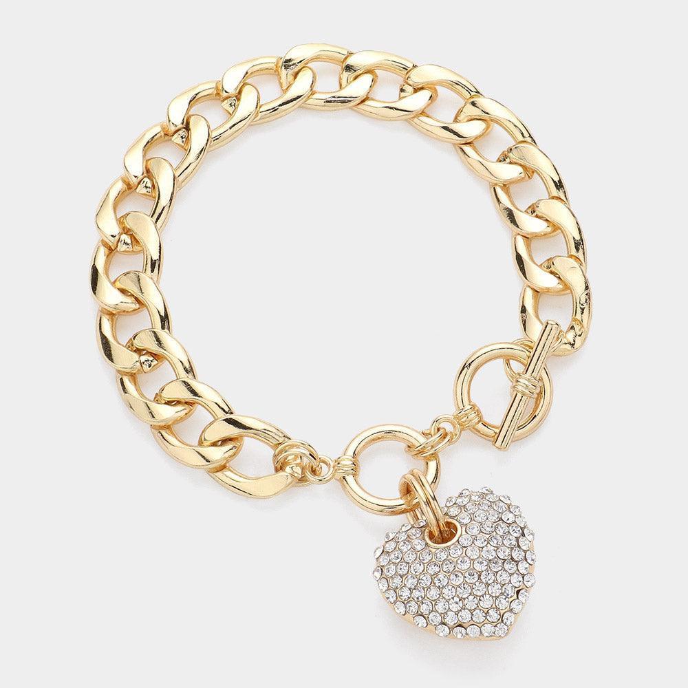 Clear Rhinestone Pave Heart Charm Link Toggle Bracelet - Jewelry Store by Erik Rayo