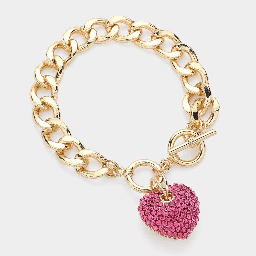 Pink Rhinestone Pave Heart Charm Link Toggle Bracelet