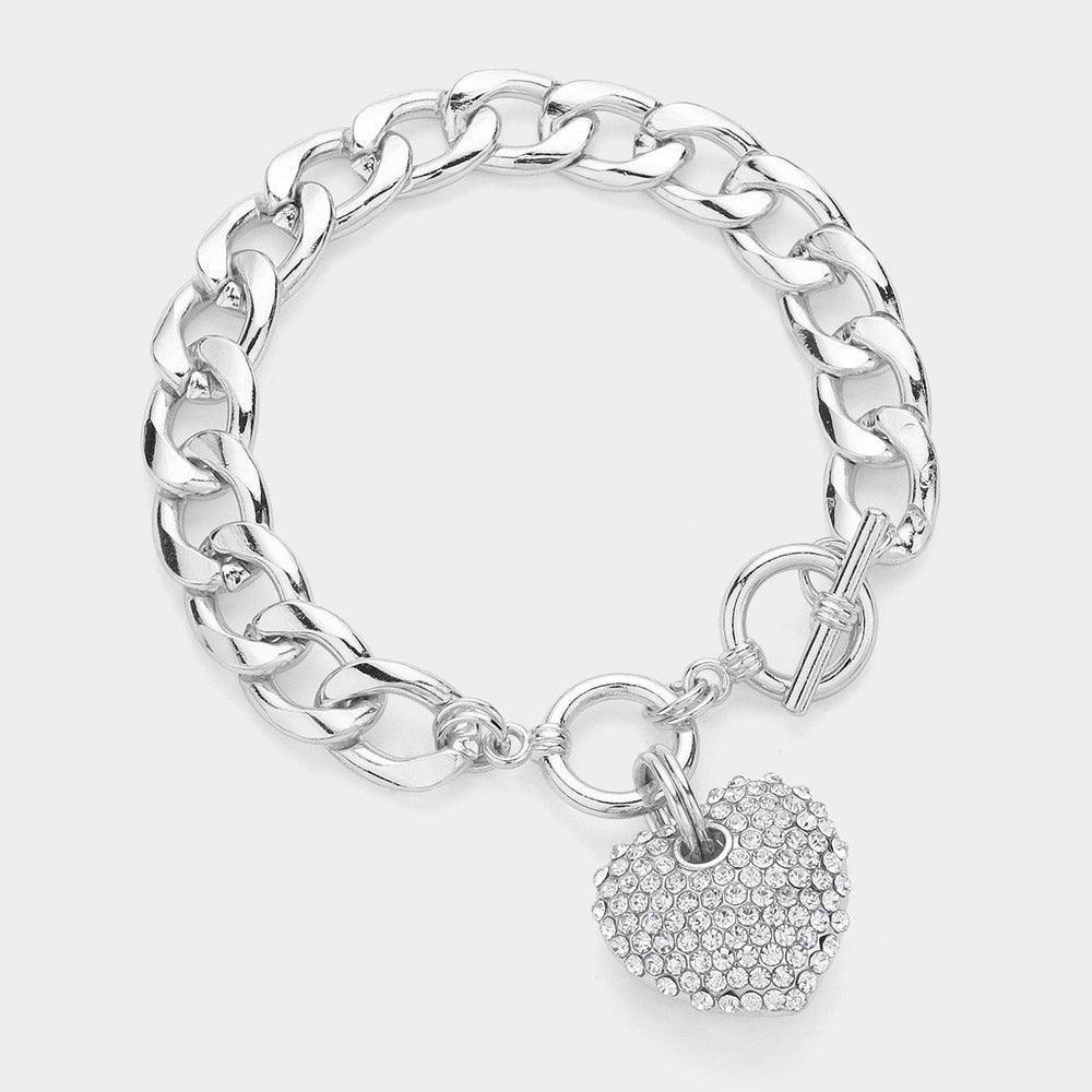 Clear Rhinestone Pave Heart Charm Link Toggle Bracelet - Jewelry Store by Erik Rayo