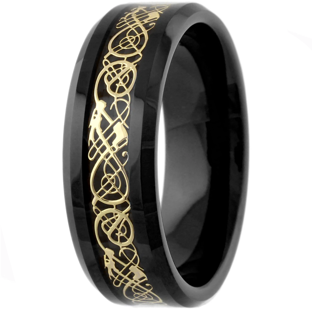 Black Gold Tungsten Wedding Band Ring for Men & Women – Gold Celtic Dragon Design