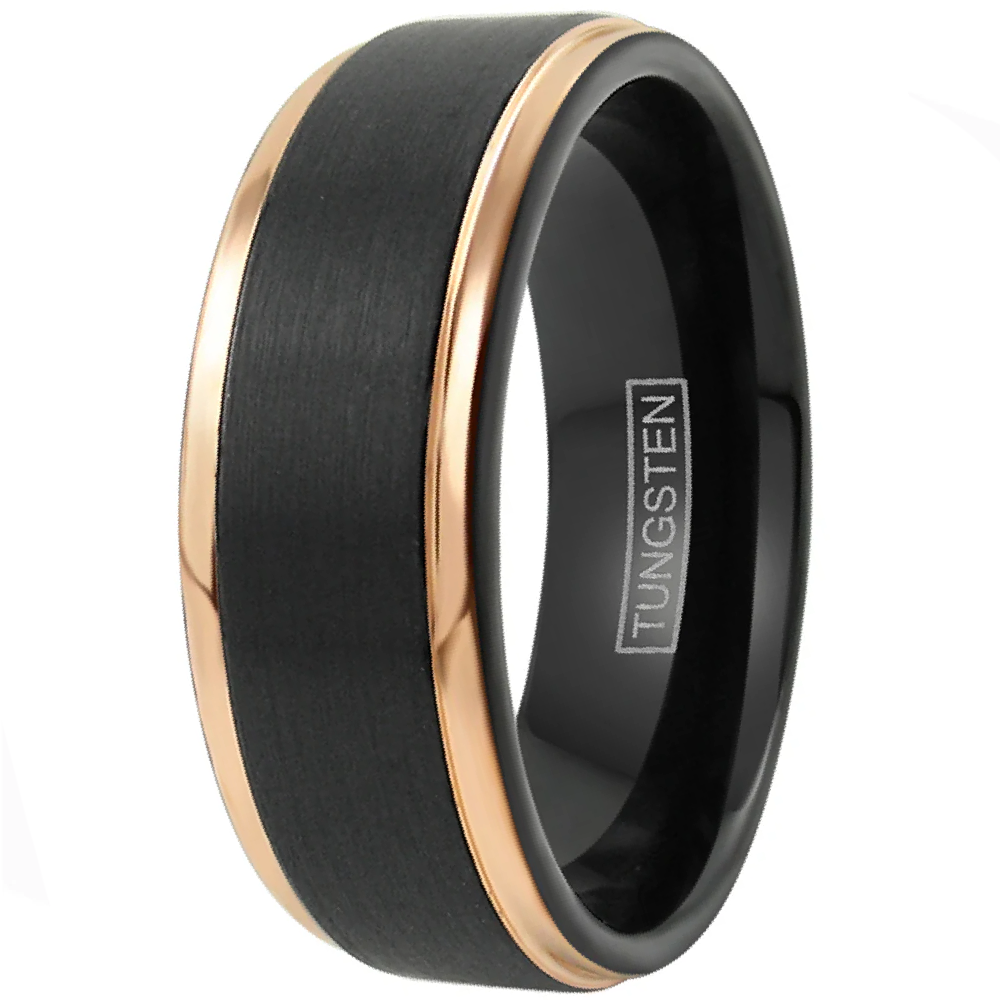 Men's Wedding Band Rings - Black Rose Gold Brushed - 6mm Wedding Rings for Men and Women