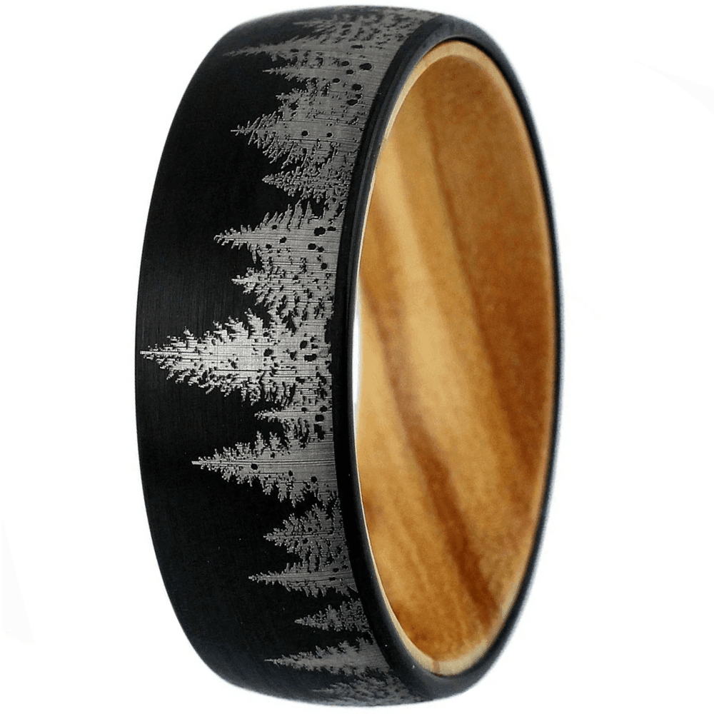 Black Tungten Wedding Band with Olive Wood - Pine Tree Forest Design - Satin Finish 6mm - Jewelry Store by Erik Rayo