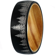 Load image into Gallery viewer, Black Tungten Wedding Band with Olive Wood - Pine Tree Forest Design - Satin Finish 8mm
