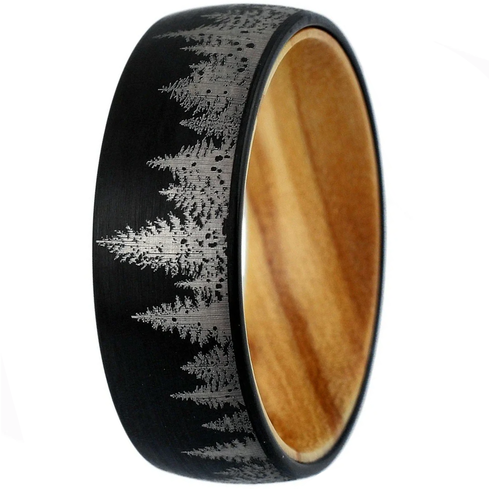 Black Tungten Wedding Band with Olive Wood - Pine Tree Forest Design - Satin Finish 8mm