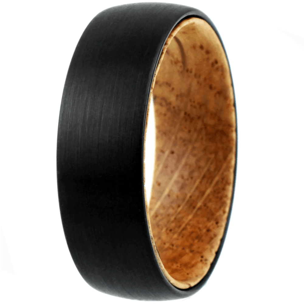 Black Tungten Wedding Band with Whiskey-Barrel Oak Wood - Satin Finish 6mm - Jewelry Store by Erik Rayo