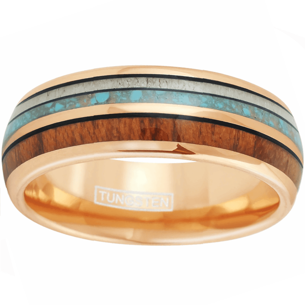 Rose Gold and Turquoise Wedding Band Ring - Tungsten Engagement Band for Men & Women 6mm with Deer Antler - Jewelry Store by Erik Rayo