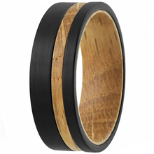 Load image into Gallery viewer, Black Tungten Wedding Band with Whiskey-Barrel Wood
