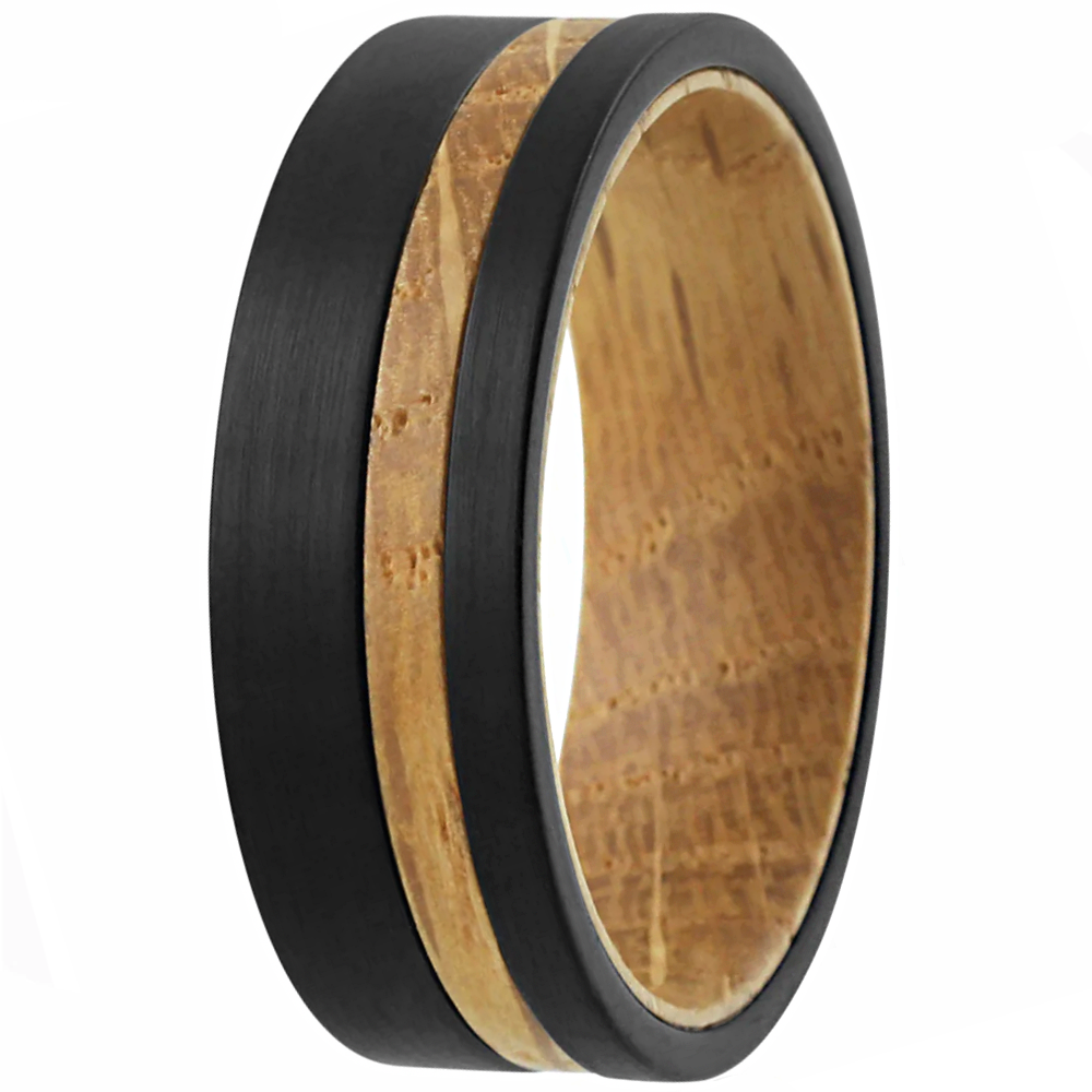 Black Tungten Wedding Band with Whiskey-Barrel Wood