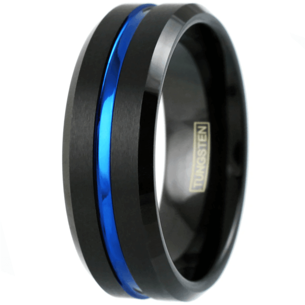 6mm Blue and Black Wedding Band Ring - Unisex Wedding Rings Brushed Finis - Jewelry Store by Erik Rayo