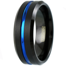 Load image into Gallery viewer, 6mm Blue and Black Wedding Band Ring - Unisex Wedding Rings Brushed Finis
