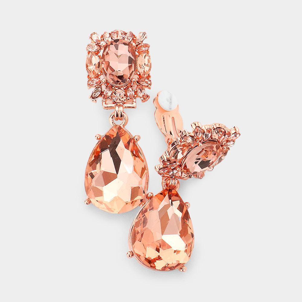 Rose Gold Multi Stone Cluster Teardrop Link Dangle Evening Clip On Earrings - Jewelry Store by Erik Rayo