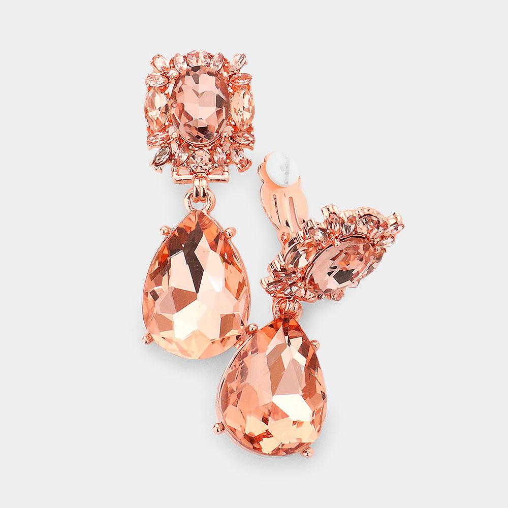 Rose Gold Multi Stone Cluster Teardrop Link Dangle Evening Clip On Earrings