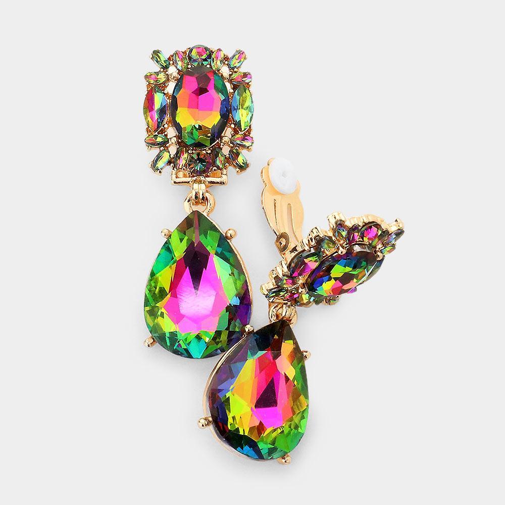 Gold Multi Stone Cluster Teardrop Link Dangle Evening Clip On Earrings - Jewelry Store by Erik Rayo