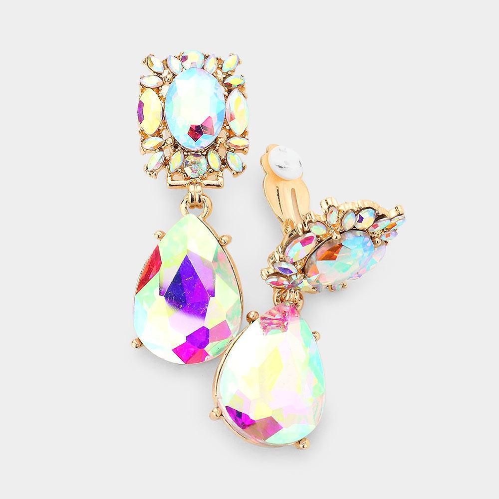 Gold Multi Stone Cluster Teardrop Link Dangle Evening Clip On Earrings - Jewelry Store by Erik Rayo