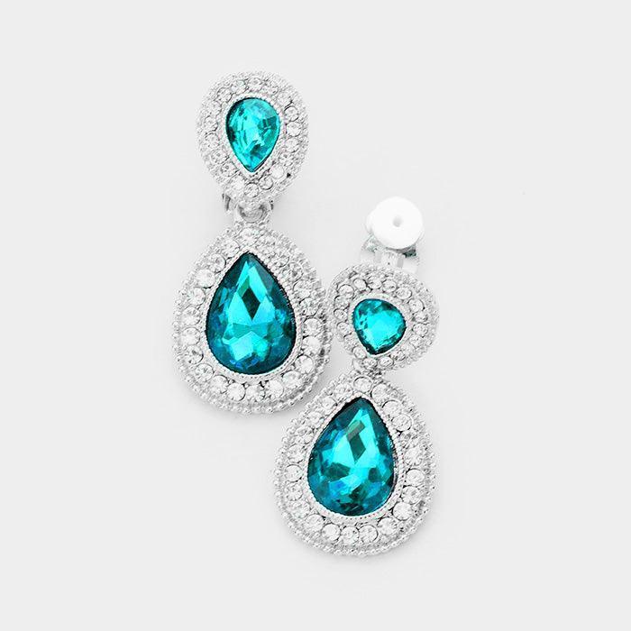 Aqua Double Teardrop Link Dangle Evening Clip on Earrings - Jewelry Store by Erik Rayo