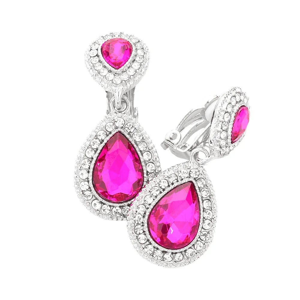 Fuchsia Double Teardrop Link Dangle Evening Clip on Earrings - Jewelry Store by Erik Rayo